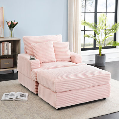 Pink Corduroy 1 - Seater With High Back, Square Armrest, And Built In Cup Holder, For Apartment Decor 39 Inch Spring Upholstered Armchair , Comfortable Single Fabric, Back Design, 2 Throw Pillows,