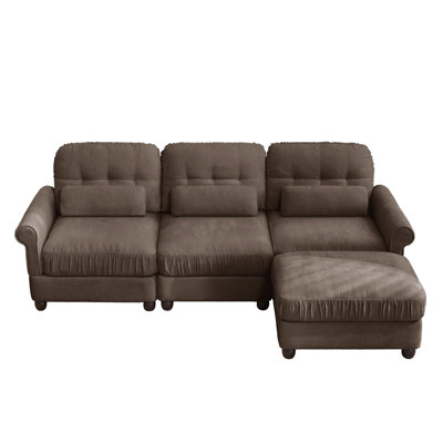 Chenille 3‑Seater L‑Shape Modular Sectional Sofa with Ottoman, Ruffled‑Edge Seat Cushion, Rolled Arms & Matching Lumbar Pillows, High‑Density Padded Seating Cushion for Living Room, Condo, Beige