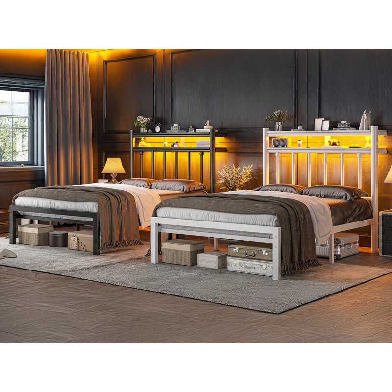 Metal Bed Frames With 2-Tier Storage Headboard And LED Light,No Box Spring Needed, Noise-Free,Easy Assembly, Twin , White