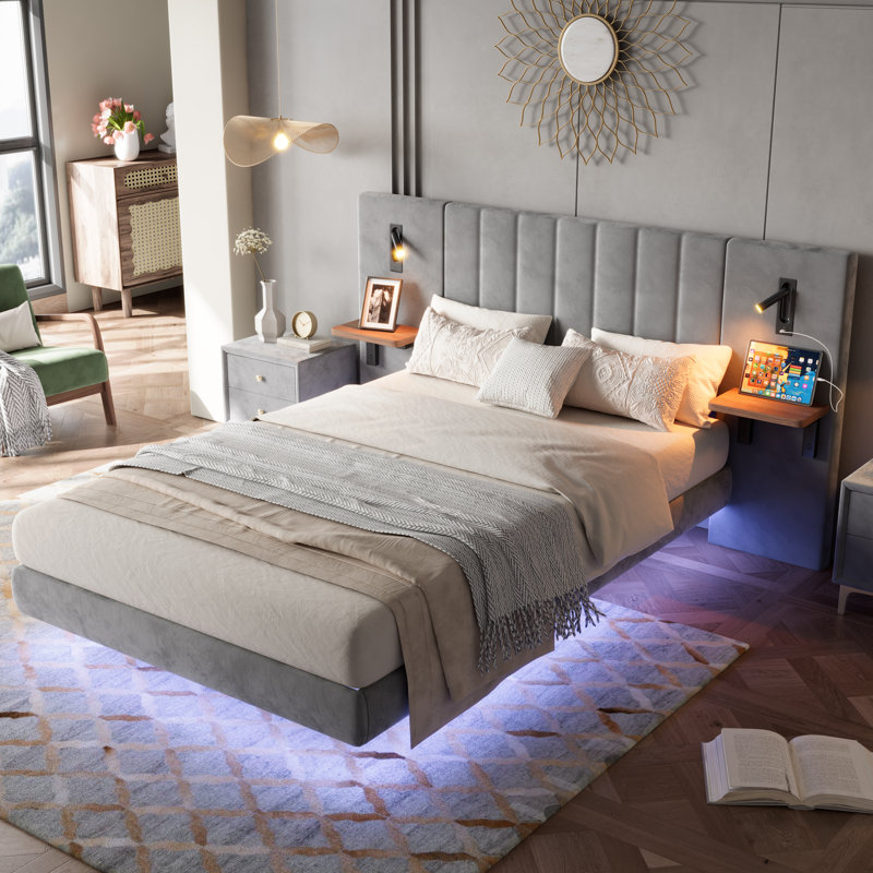 4ft6 Upholstered Bed With 2 Bedside Lamps,charging Socket, Grey, Double (4'6)