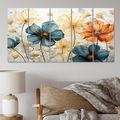«Teal Orange Petal Mosaics I», reproduction d'art abstrait sur toile - 5 panneaux égaux