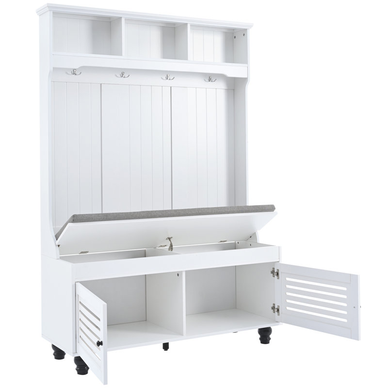White MDF Hall Tree with Storage Bench and Hooks