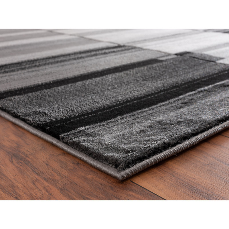 Tapis gris foncé / noir à motif abstrait Anjolie, Rectangle 6 pi 9 po x 9 pi 6 po