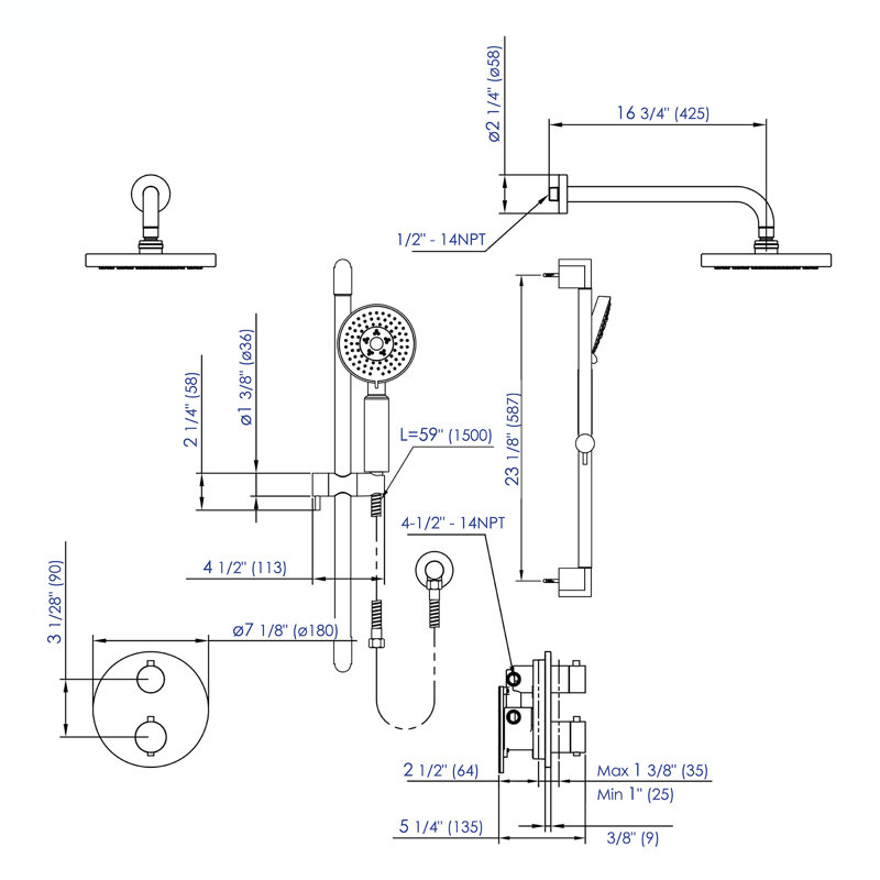 Système de douche thermostatique complet à 2 voies avec valve brute, Nickel brossé