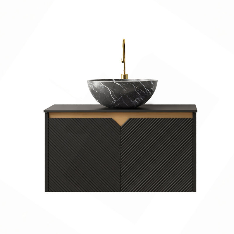 Meuble-lavabo de 30 po avec lavabo, meuble de rangement mural en contreplaqué flottant, double vasque en sergé avec vasque en céramique avec motif en pierre et plateau en pierre frittée