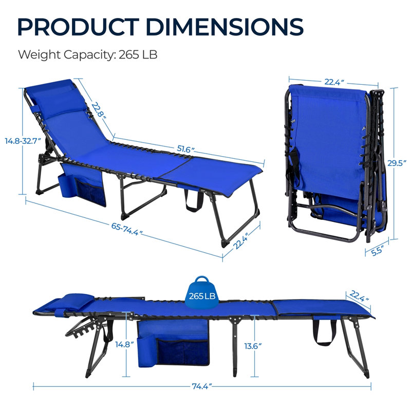 Outdoor Folding Tanning Chair Portable Beach Lounge Chair with Face Hole and Adjustable 5-Position, Blue