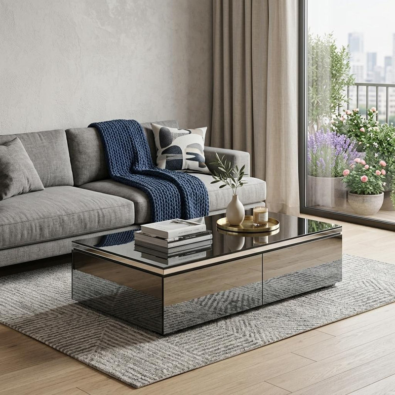 Table basse à miroir 26 po en métal et verre gris et argent avec deux tiroirs