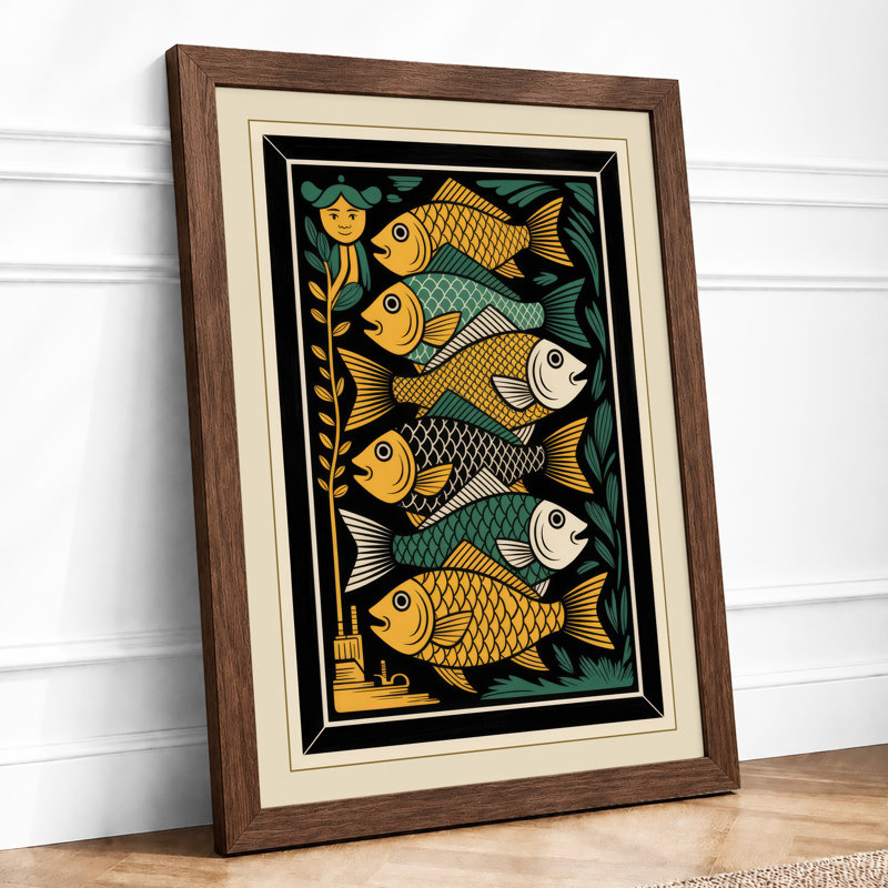 Fish in Gold and Turquoise Art Deco - Framed Print, A3 - 42.0 x 29.7 cm, Walnut