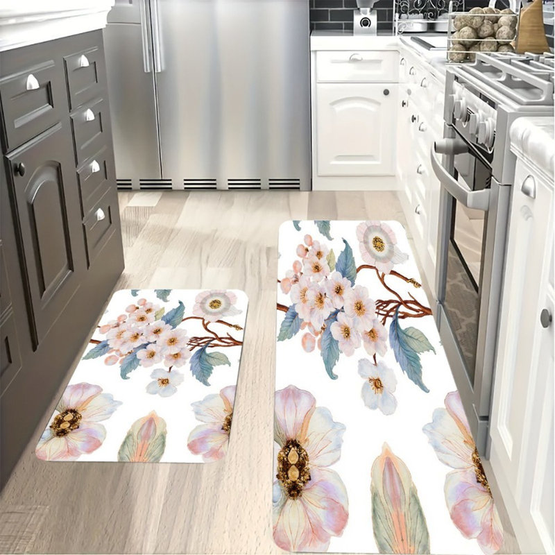 Tapis de cuisine antidérapant à motif floral pastel doux, 2 pièces