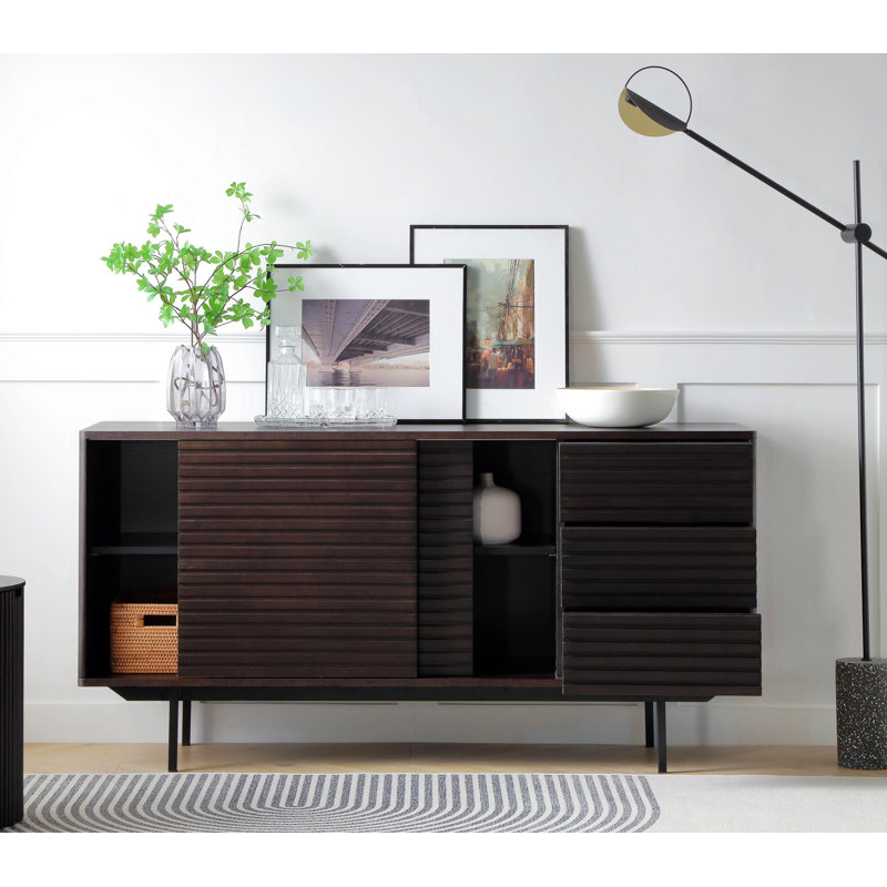 Buffet 62,4 po Mid Century Modern Buffet avec 2 tablettes et 3 tiroirs