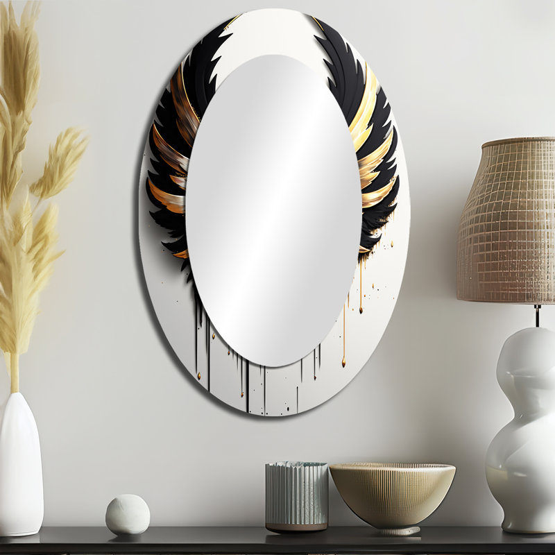 Black Silver And Gold Angel Wings III - Glam Oval Wall Mirror, 36" x 24"