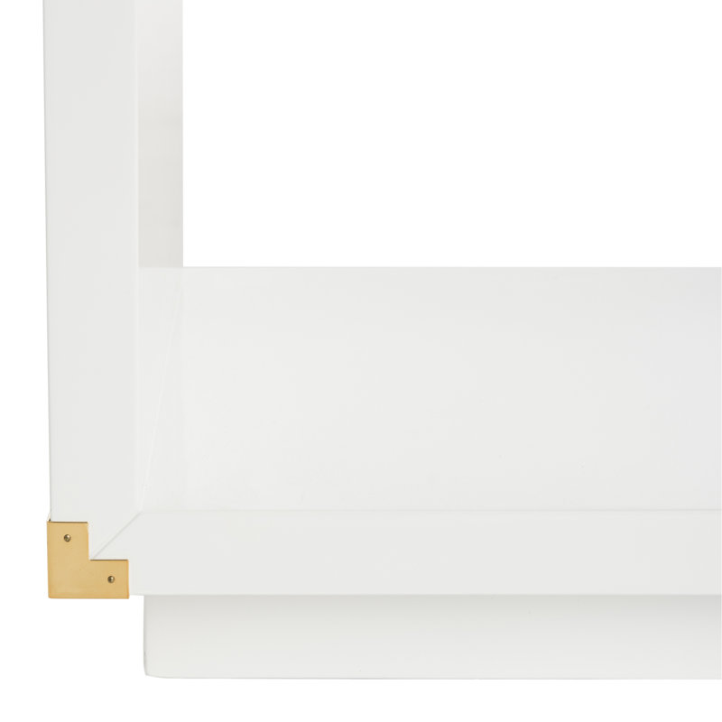 White Lacquer Rectangular Side Table with Brass Accents and Storage