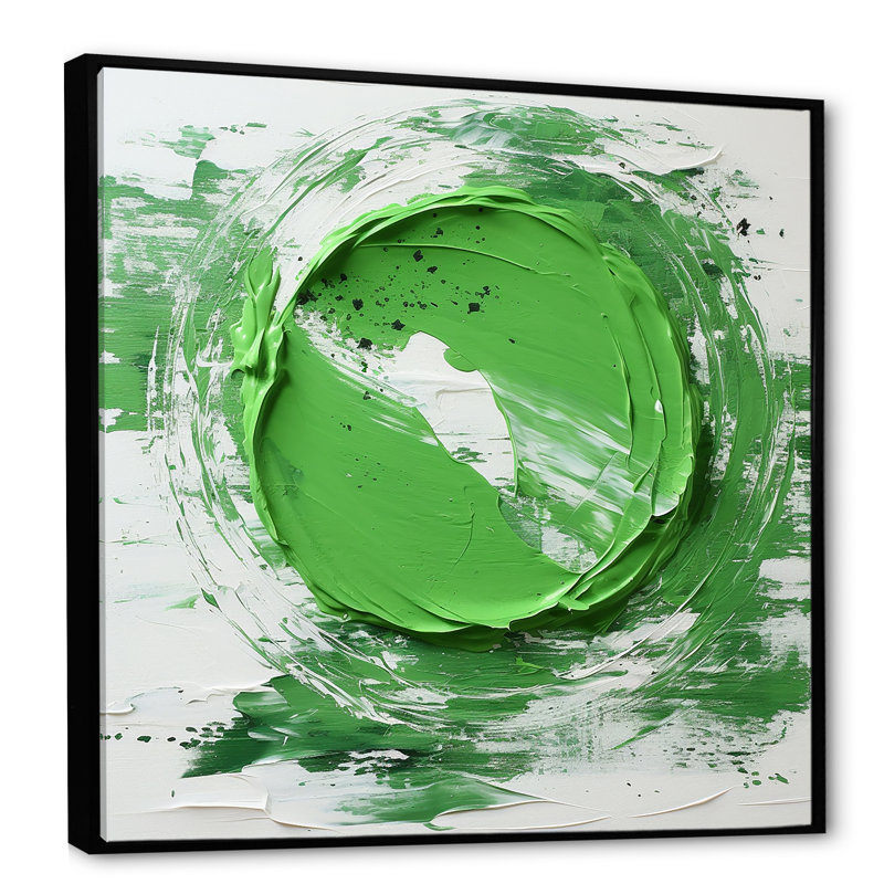 «Green and White Abstract Spiral Collage I», art mural abstrait, H 36 po x l 36 po x P 1,5 po, Cadre flottant noir