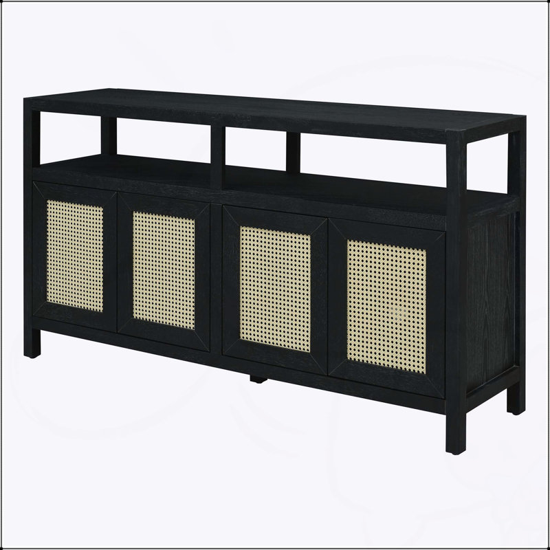Armoire de rangement en rotin de style bohémien avec structure en bois massif, buffet avec tablettes réglables à 3 positions pour le salon et la salle à manger, conception à pousser sans poignée