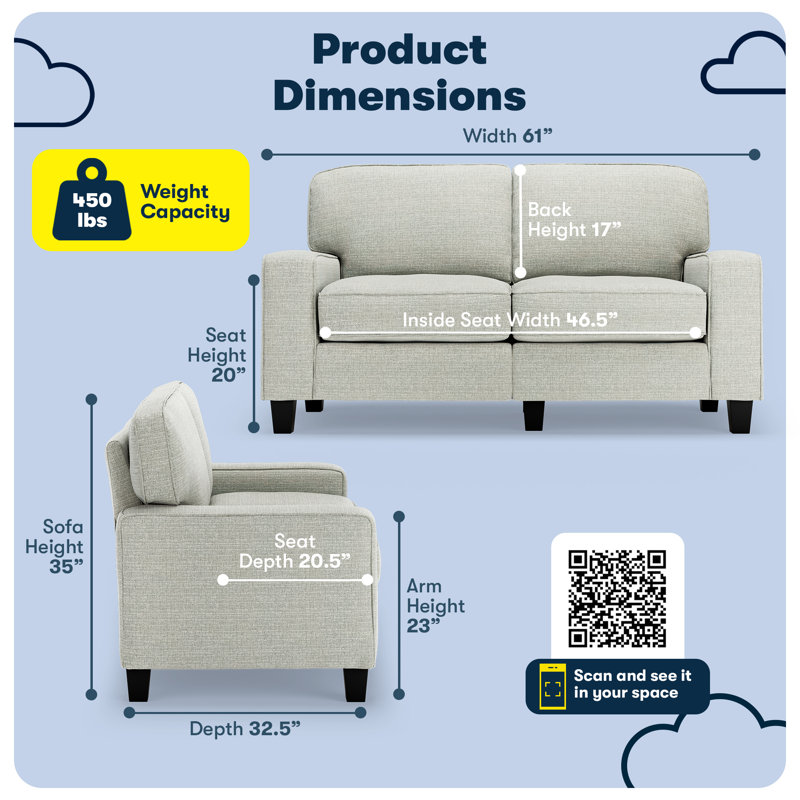 Serta Palisades 61" Track Arm Sofa, Easy Care Fabric, Soft Pillow Back, Pocket Coil Seat Cushions, Pebble Gray 100% Polyester