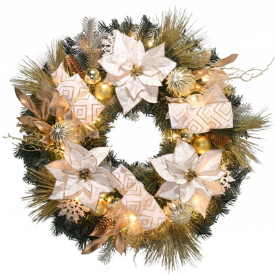  Couronne de Noël pré-éclairée de 24 po pour la porte d'entrée avec lumières, couronne de Noël extérieure pliable et illuminée avec rubans de boules de Noël blanc doré pour fenêtre de porche