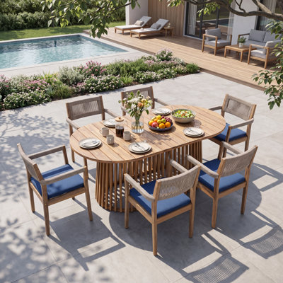 Ensemble de salle à manger de patio en bois d'acacia de style Mid-Century 6 personnes avec chaises en corde tissée et table ovale Cieanna