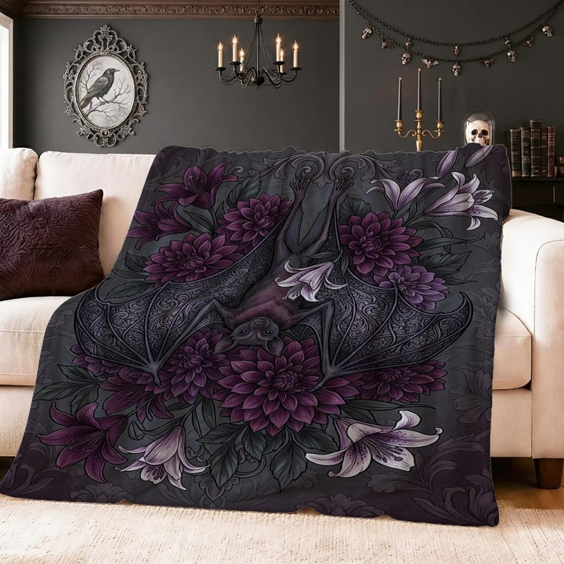 Jeté Halloween 40 pi x 50 po Gothic Bat and Violet Floral Quote