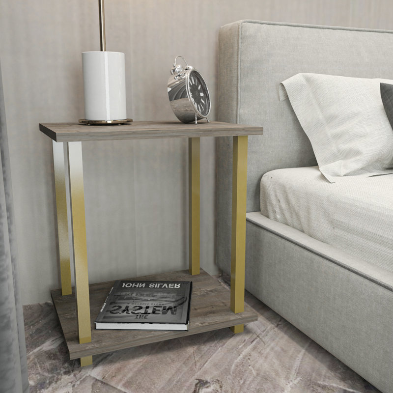 Calvester Nightstand - Modern Square End Table with Lower Shelf, Gold/Dark Oak