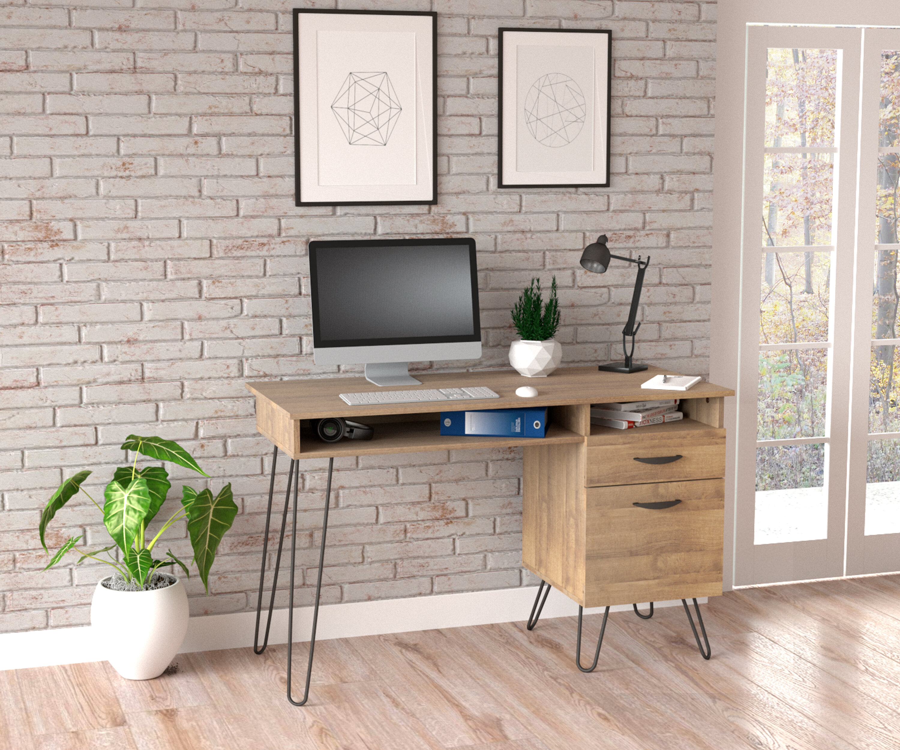 47.2 Rustic Wooden Natural & Black Office Desk with Drawers & Metal Legs