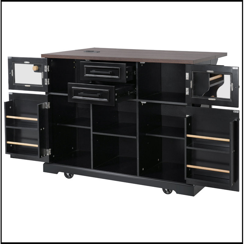 54.9 Inch Kitchen Island with Drop Leaf, Power Outlet, Storage Cart, Cross Barn Doors, Visual Glass Door, and 4 Wheels for Easy Mobility
