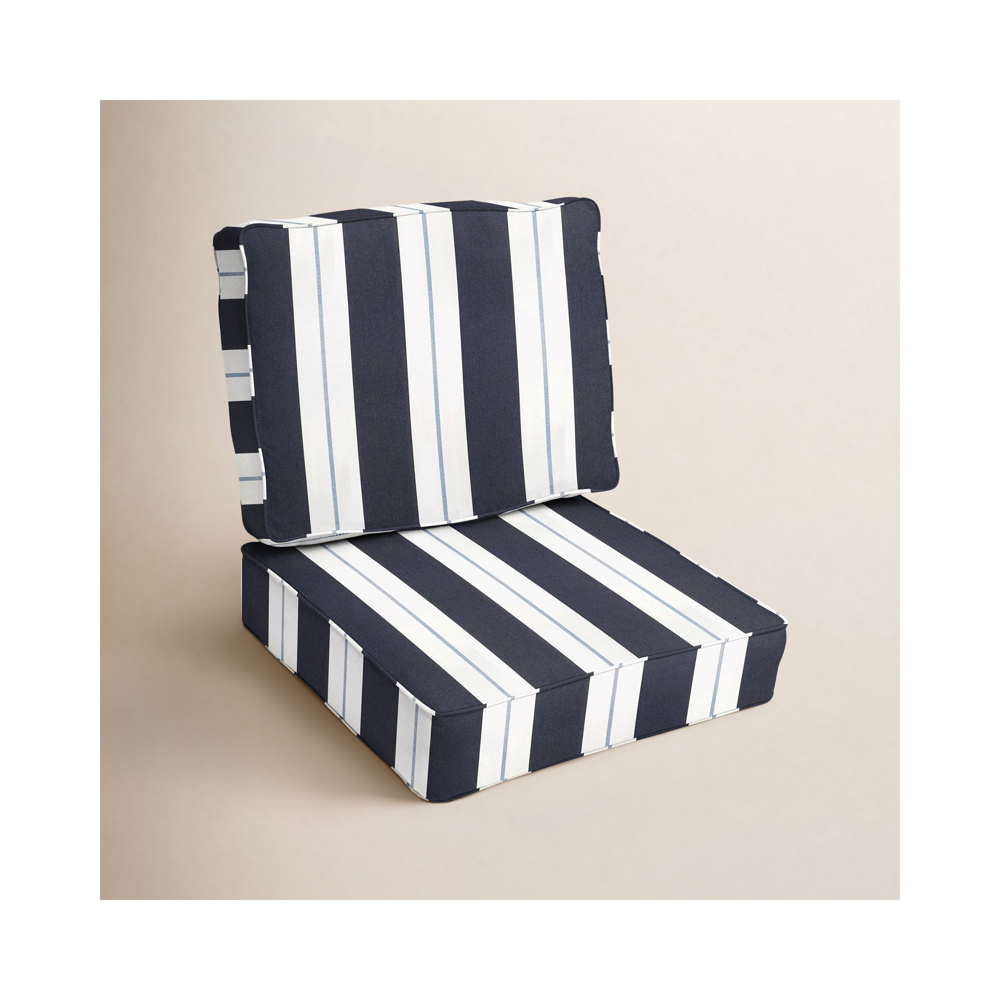 Deana Indoor/Outdoor Sunbrella Striped Seat/Back Cushion, 22.5" W x 22.5" D, Navy Stripe Sunbrella®