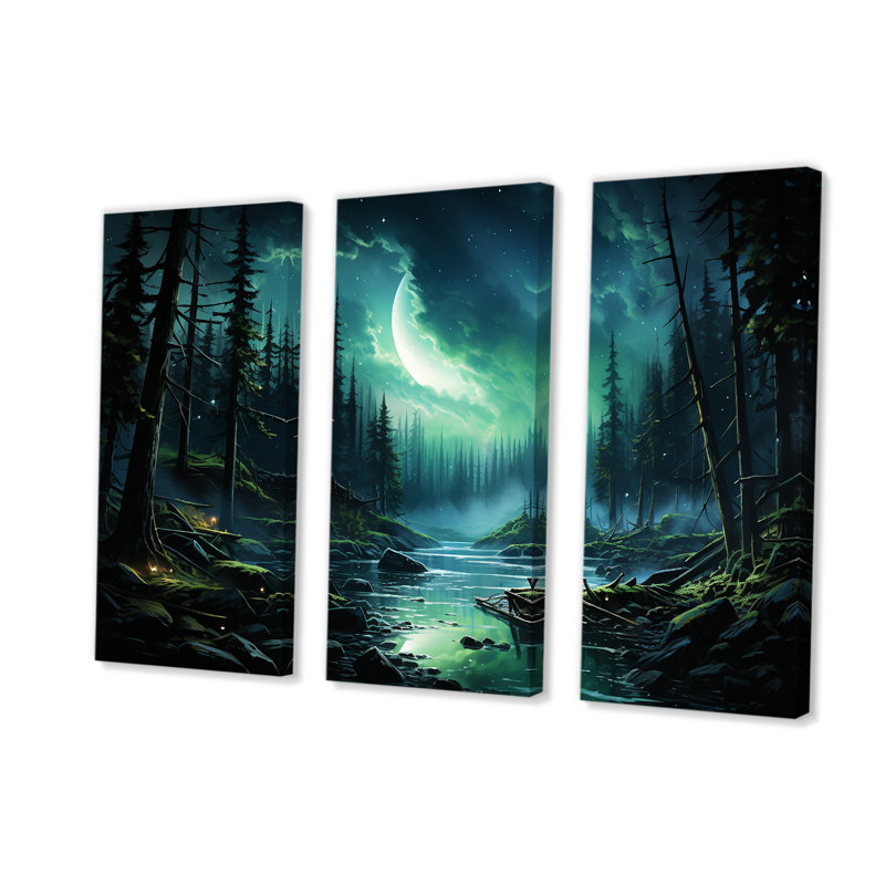 Northern Lights Forest Dreams II - forêt et rivière, art mural, H 28 po x l 36 po, Toile tendue