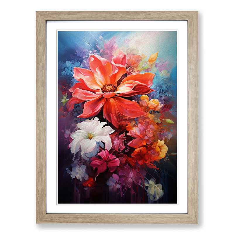 Floral Art Action Painting Art - Framed Print, Oak, Oak Framed, 64cm H x 46cm W