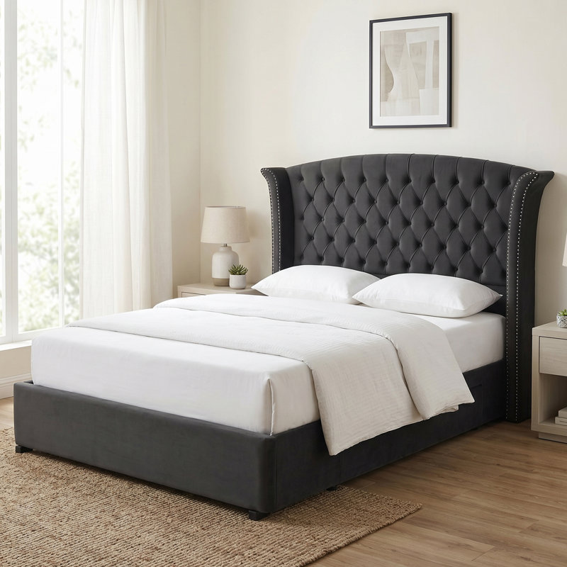57" Velvet Button Tufted Wingback Queen Bed Frame with Storage Drawers, No Box Spring Needed, Black, Black, Queen