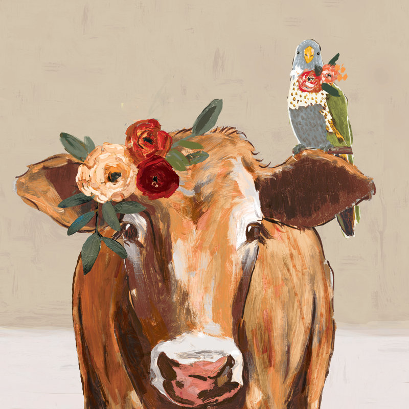 Floral Cow And Bird Brown - Wrapped Canvas Painting, 30cm H x 30cm W x 3.8cm D