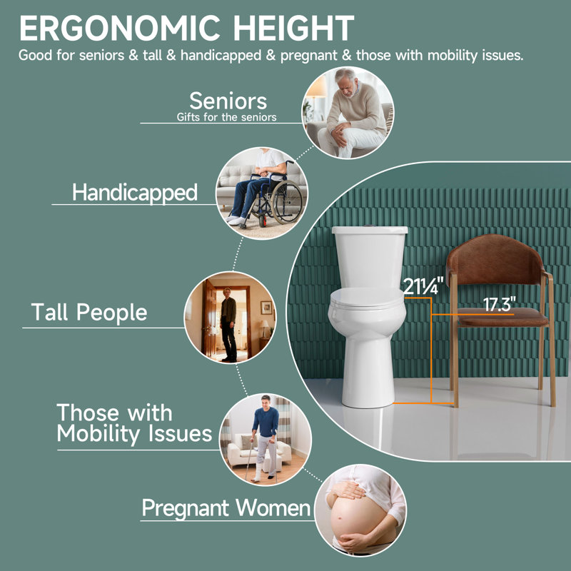 21" Extra Tall Toilet Elongated Two Piece Toilet for Seniors, 1.1/1.6 GPF Tornado Dual Flush, MAP 1000g, White, White