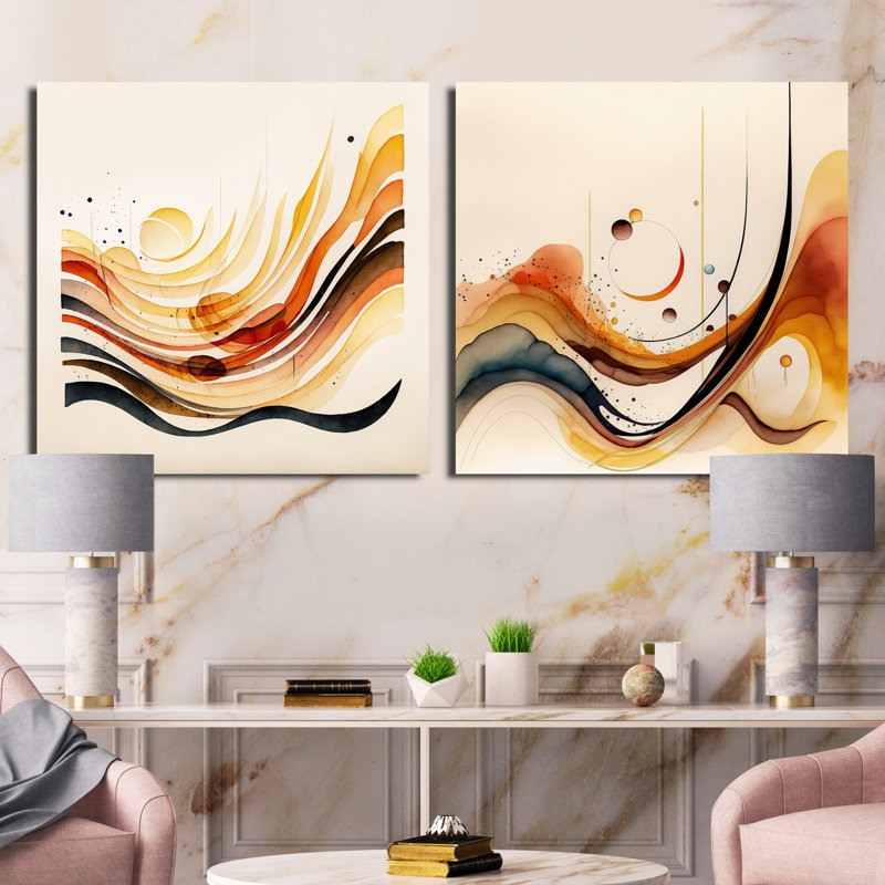 Burnt Orange Waves Abstract - Modern Square Collage Set Of 2, 36" H x 73" W, Wrapped Canvas