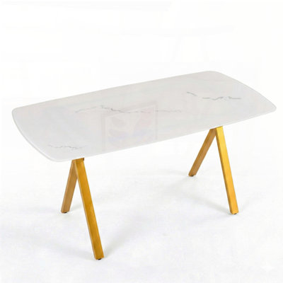 Rectangular Tempered Glass Dining Table with Marble Pattern and Gold Legs