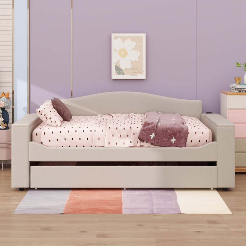 Lit de jour rembourré avec accoudoirs de rangement gigogne et audio Bluetooth avancé, Beige