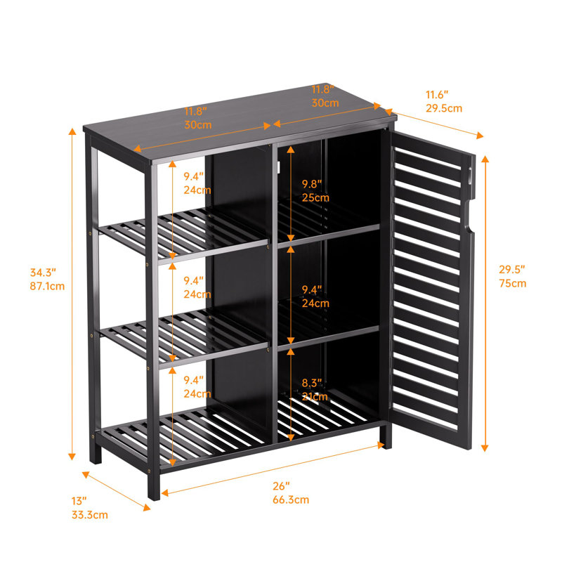 Bamboo Storage Cabinet with Door and 3 Open Shelves, Black
