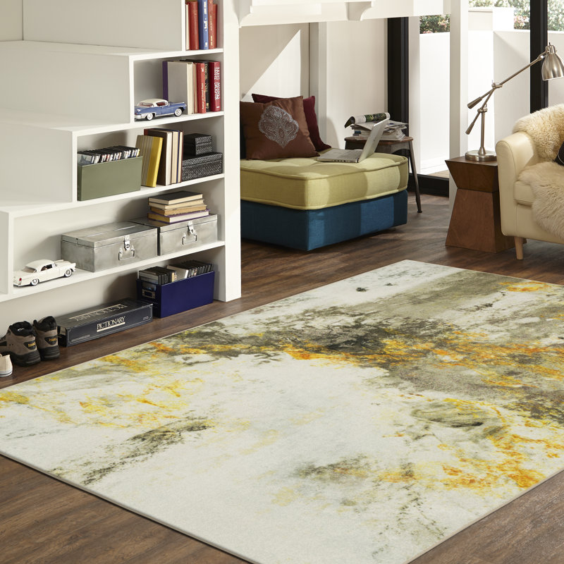 Tapis crème / doré à motif abstrait moderne Hennigan, Rectangle 5 pi x 8 pi
