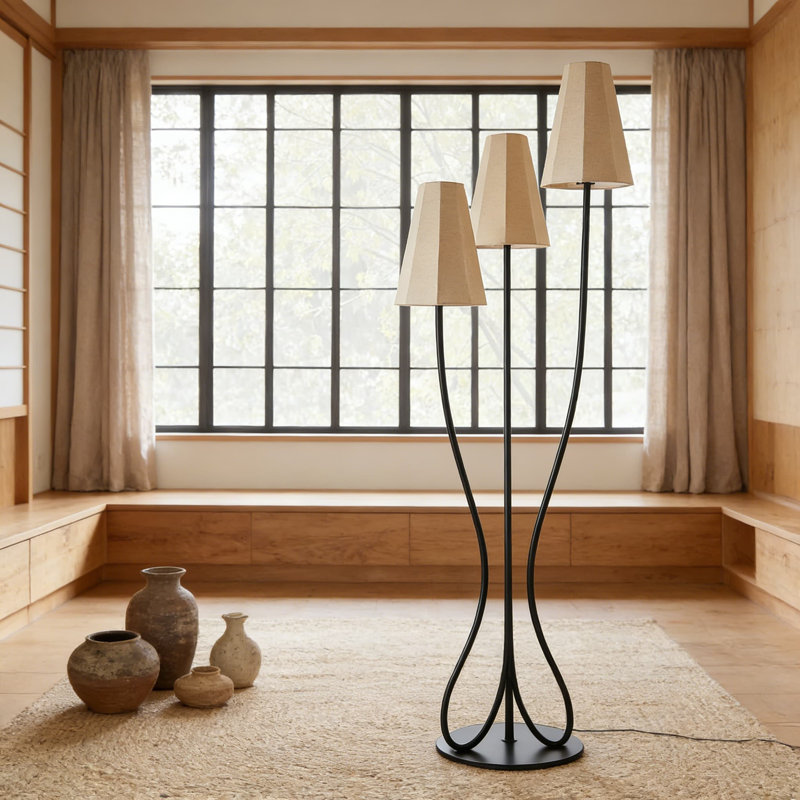 Lampe sur pied rétro avec base sculpturale en fer incurvé et abat-jours octogonaux en lin, éclairage décoratif à 3 lumières pour le salon, la chambre à coucher ou le studio