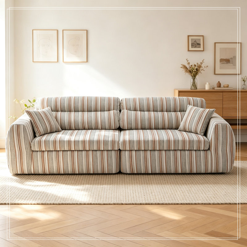Chenille Striped Compression Sofa with 2 pillows, Brown+white