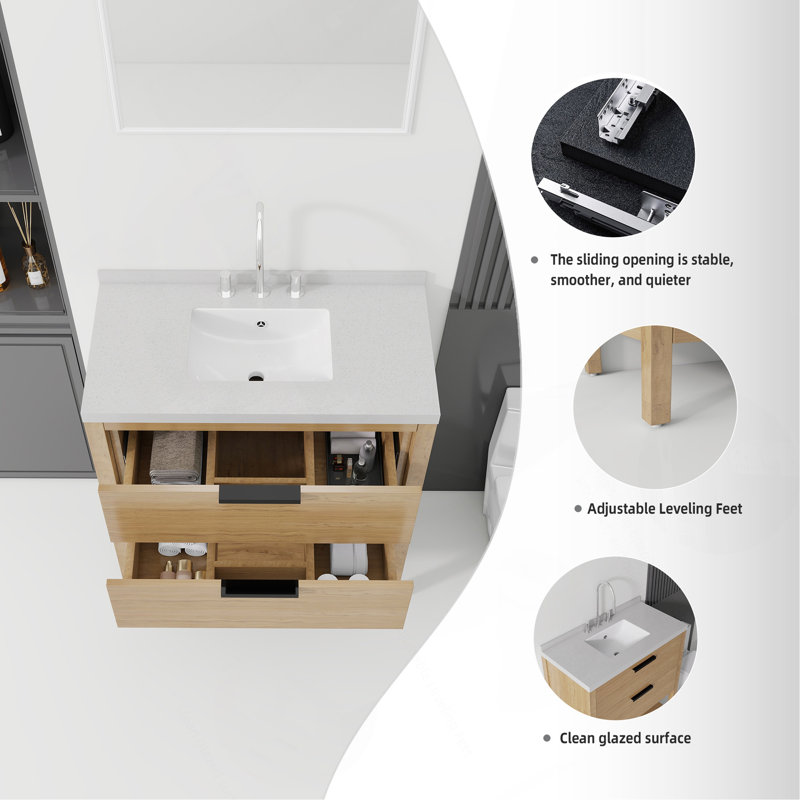 Meuble-lavabo autoportant de 91 cm (36 po) avec lavabo, tiroir à fermeture amortie, comptoir et dosseret en marbre synthétique blanc granité de 5 cm (2 po), contreplaqué
