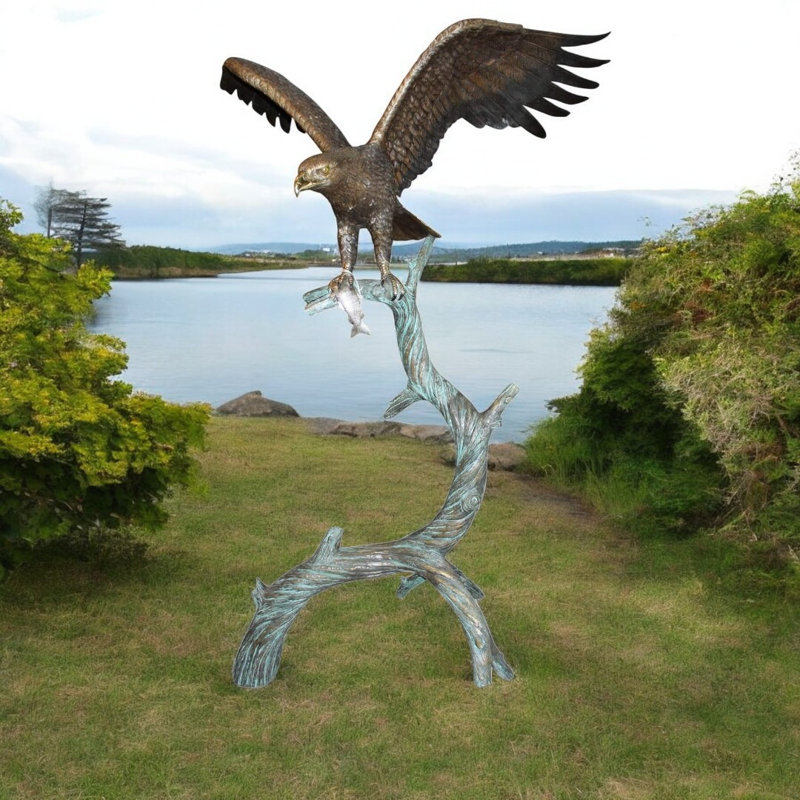 Grand aigle debout sur un arbre avec une proie en bronze - superbe sculpture de la faune 60 po x 40 po x H 75 po