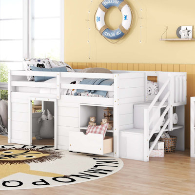 BED, SOLID WOOD LOW LOFT BED WITH STAIR, DRAWER