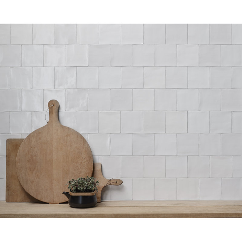 Maroc 5" x 5" Ceramic Zellige Look Glossy Wall Tile, Bianco