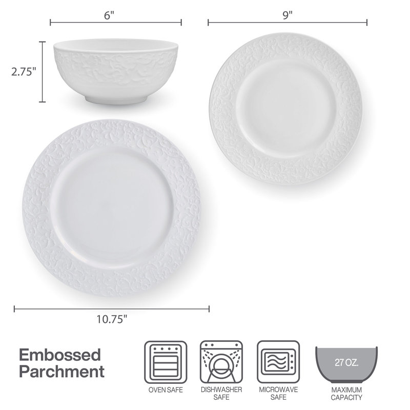 Embossed Parchment 18-Piece Chip-Resistant Bone China Dinnerware Set, Service for 6
