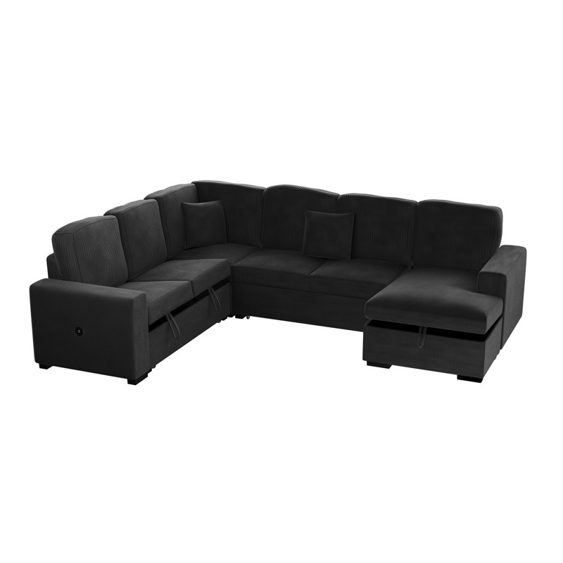 Modern Design 4Pc Convertible Sectional Storage Compartment Matching Pillow Pull Out Bed USB Port Corduroy Upholstered Black Finish Primary Living Room