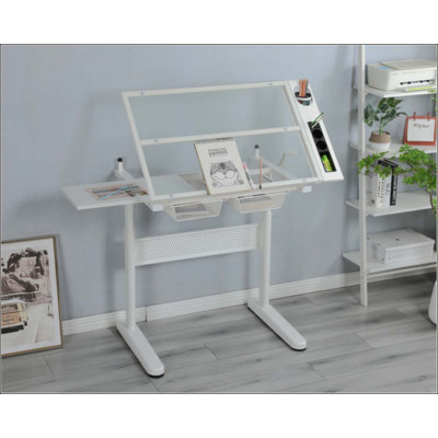 Hand Crank Adjustable Drafting Table Drawing Desk With 2 Metal Drawers WITH STOOL