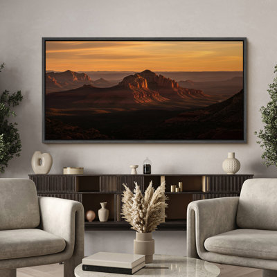 Sedona Rock Mountains at Sunset Framed Canvas Wall Art - Warm Desert Landscape Photography for Southwestern or Rustic Decor