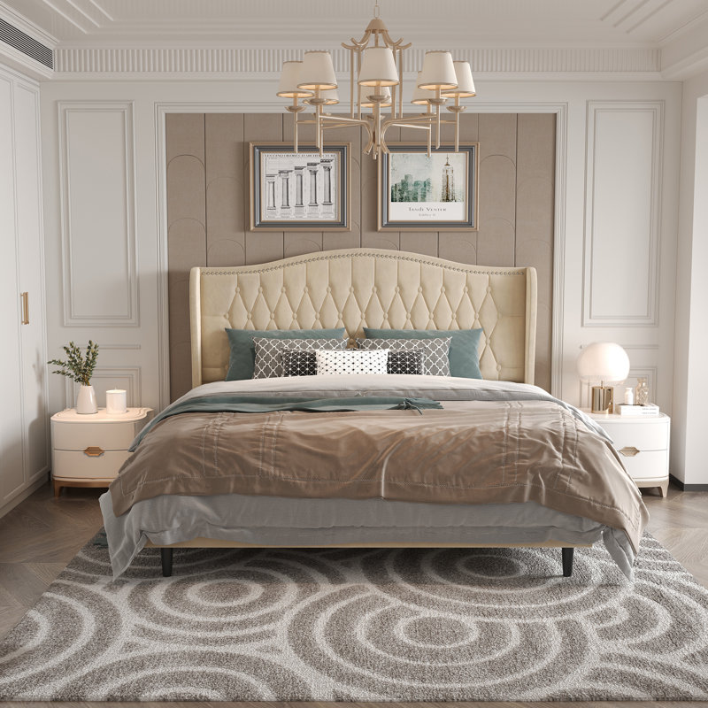 Upholstered Tufted Headboard Bed Wingback Bed, Beige, King