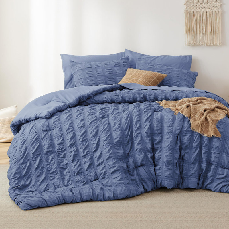 Bedsure Bed in a Bag Queen - 7 Pieces Plaid Seersucker Bedding Comforter Sets, Soft Lightweight Mineral Blue Boho Bed Set with Comforters Queen Size, Sheets, Pillowcases & Shams