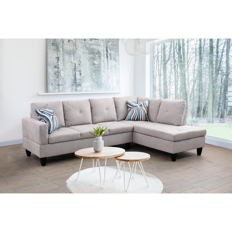 Canapé et chaise longue Cassie, Microfibre / microsuède blanc / gris, Accoudoir à droite (vu de face)