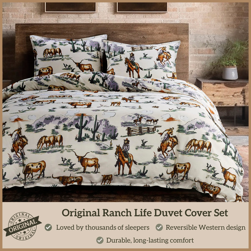 Ranch Life Duffle Bag Animal Print Cotton Western Rustic Duvet Cover Set, Twin Duvet Cover + 1 Standard Sham